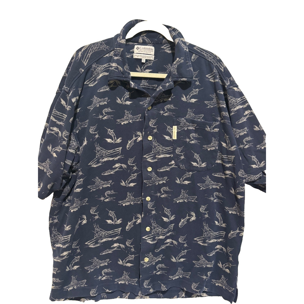 Columbia Mens XL Blue Marlin Fishing theme Button up Rib Heavy knit cotton Shirt